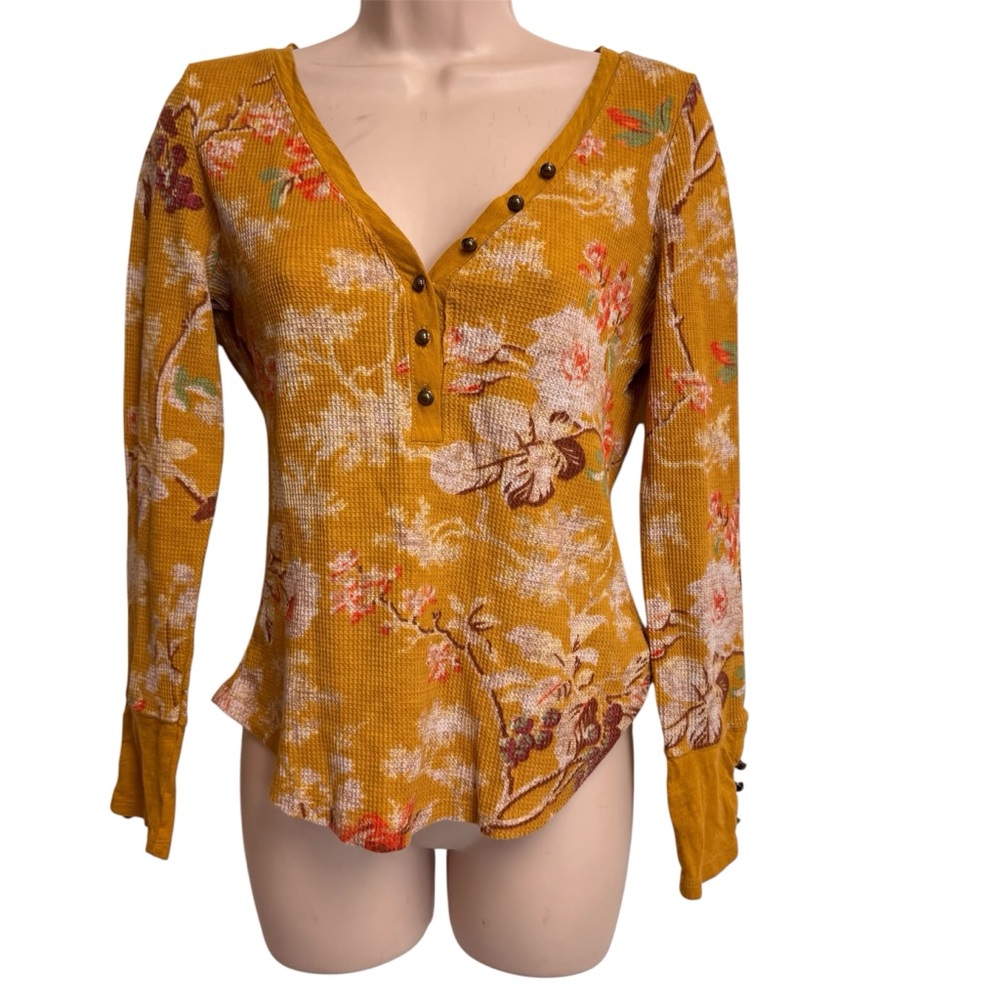 Pilcro Anthropologie Floral Mustard Yellow Waffle Knit Henley Top Size M